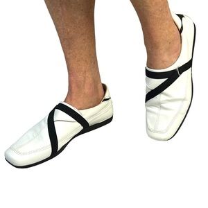KHRIÒ Italian Leather Slip on Shoes White w Black Decorative Strap details. US 7